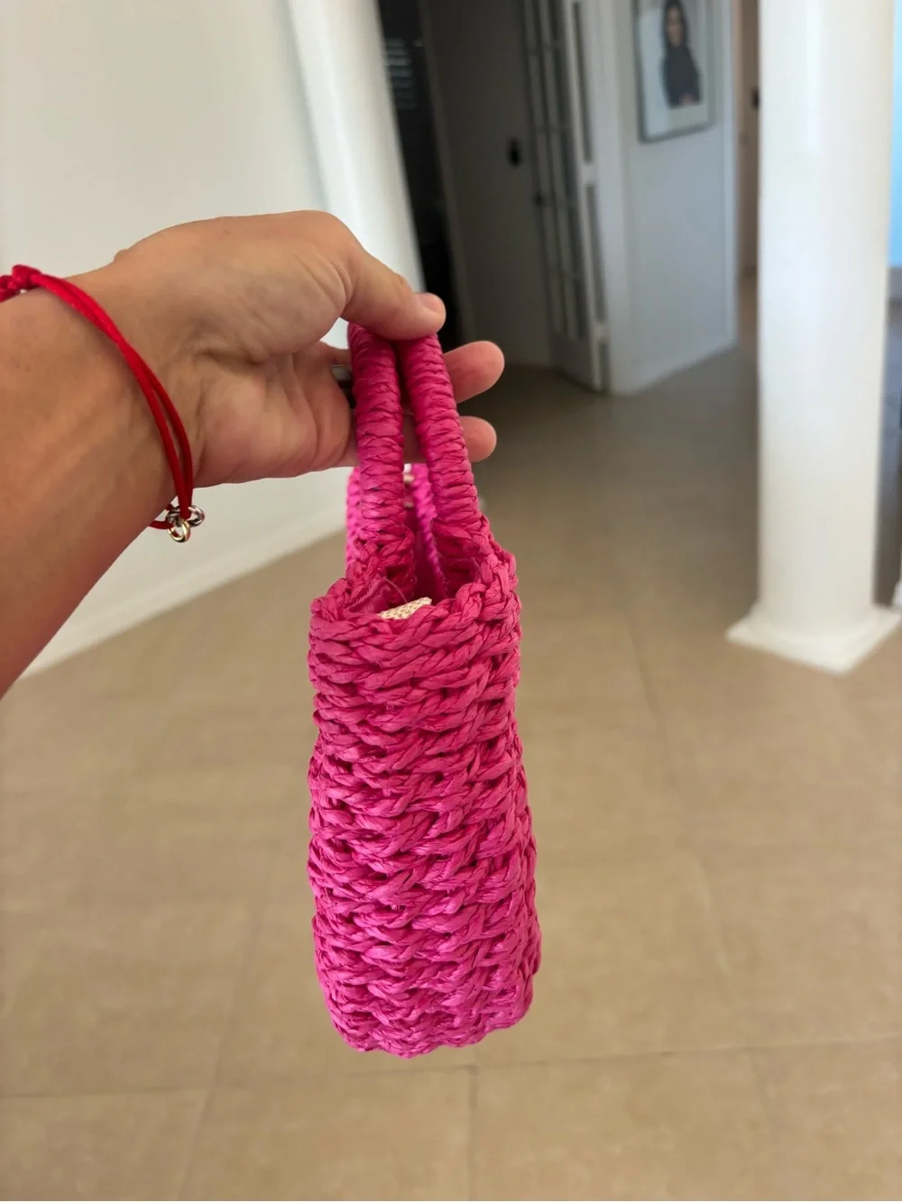 Handwoven Pink Straw Tote Bag